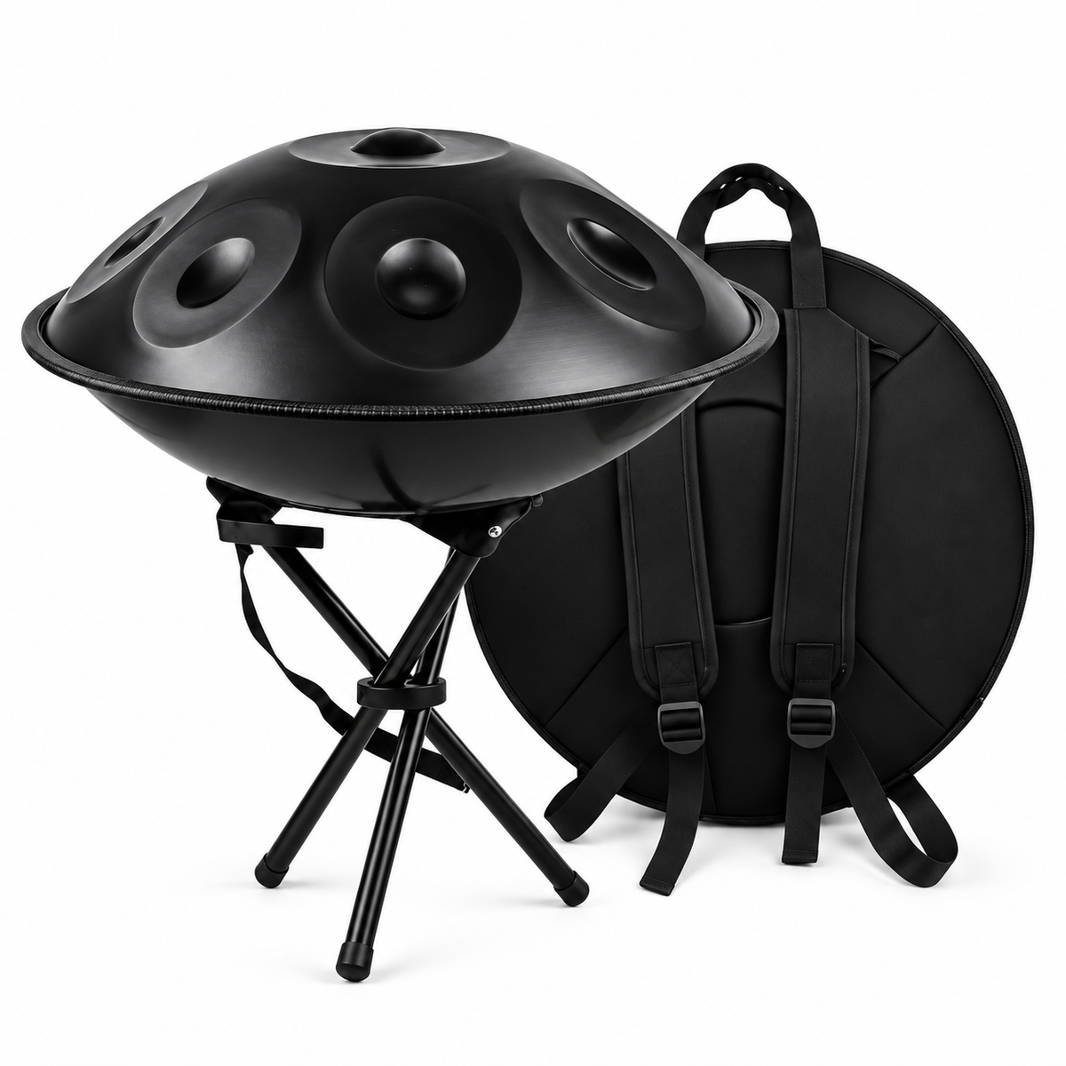 Obsidienne — Handpan Ré mineur D Kurd, noir mat 22 pouces