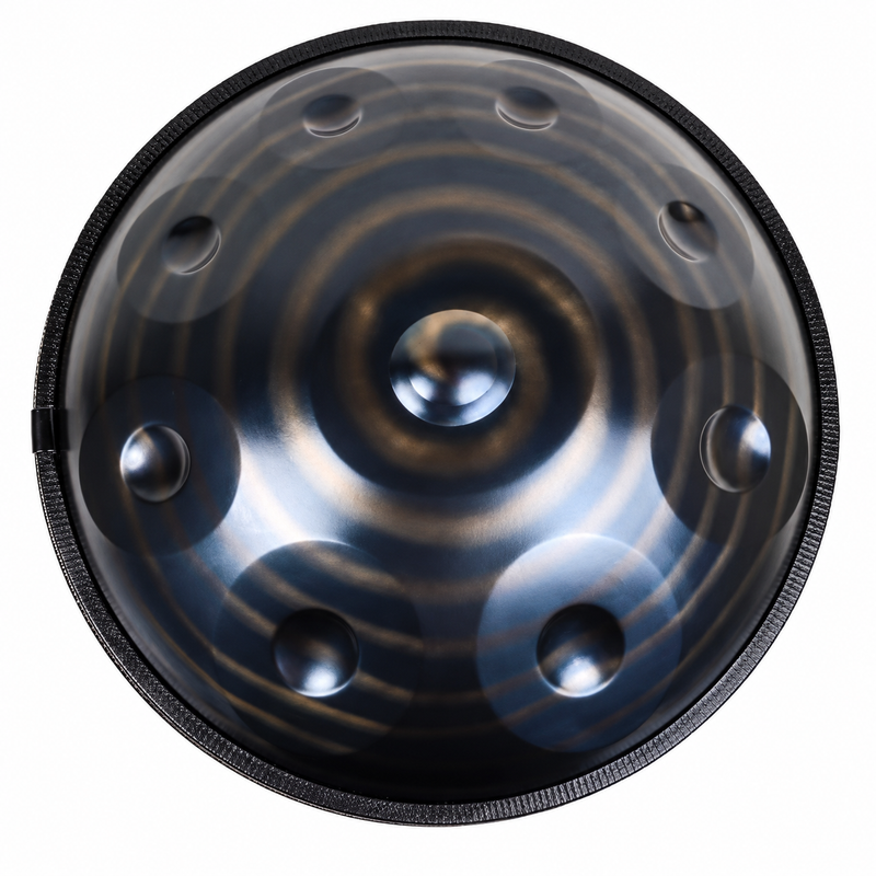 Vertige — Handpan Spiral Ré mineur D Kurd, vortex noir 22 pouces