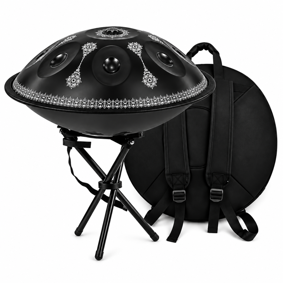 Rosace — Handpan Mandala Ré mineur D Kurd, noir et argent 22 pouces