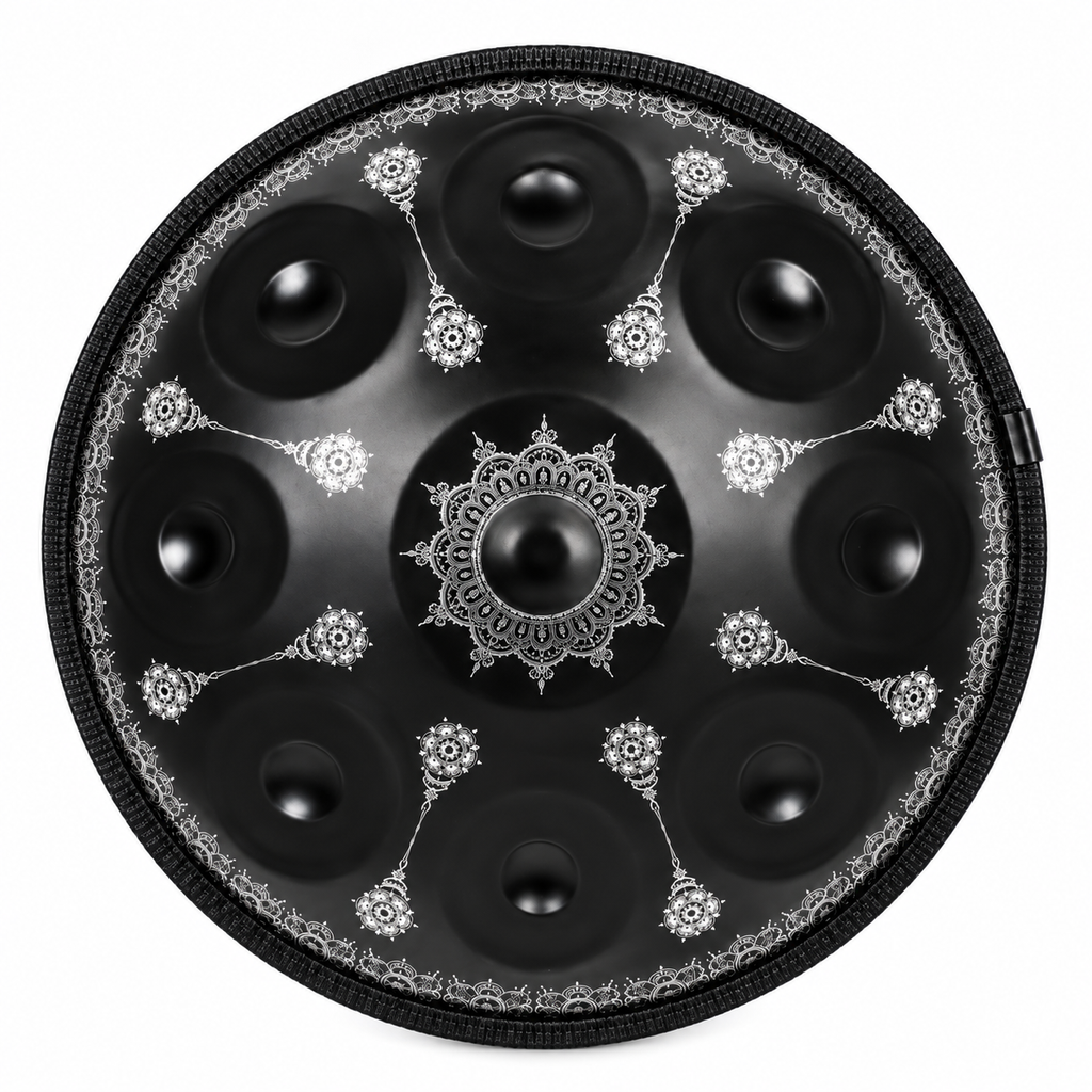 Rosace — Handpan Mandala Ré mineur D Kurd, noir et argent 22 pouces