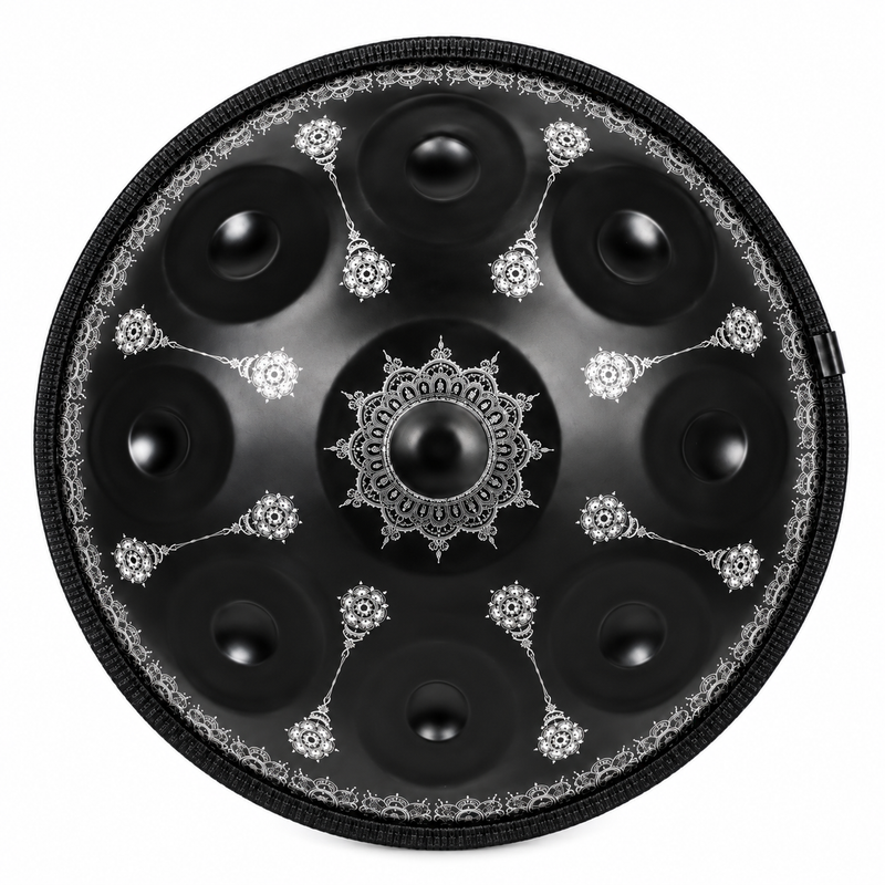 Rosace — Handpan Mandala Ré mineur D Kurd, noir et argent 22 pouces