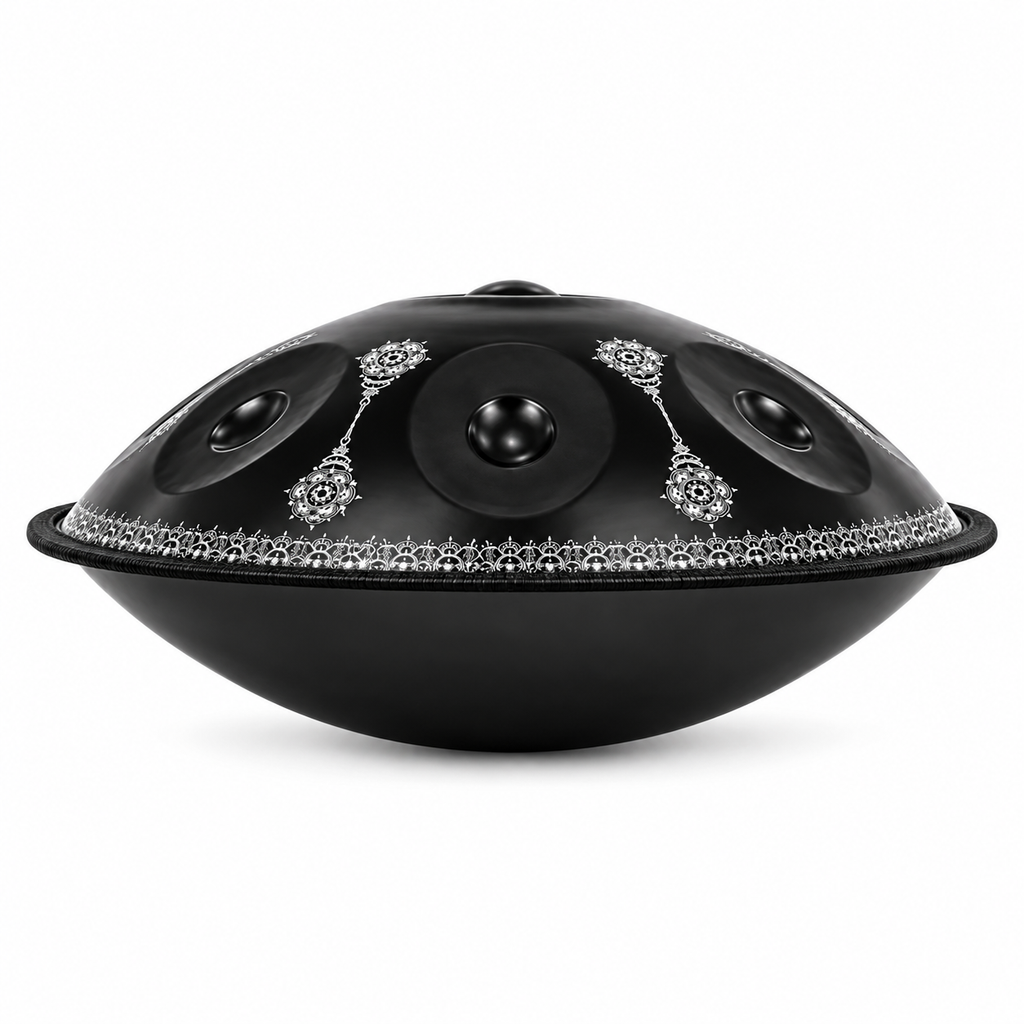 Rosace — Handpan Mandala Ré mineur D Kurd, noir et argent 22 pouces