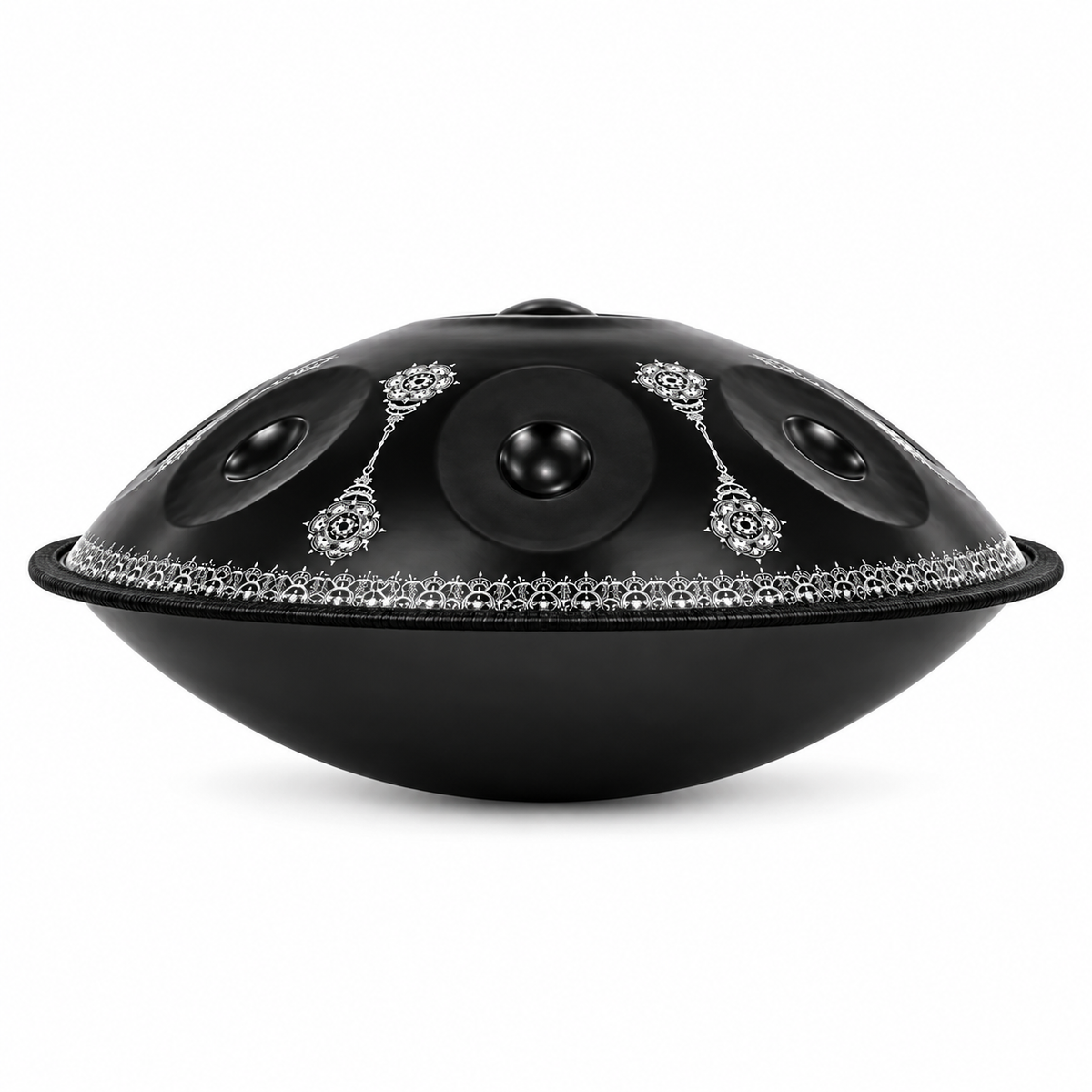 Rosace — Handpan Mandala Ré mineur D Kurd, noir et argent 22 pouces