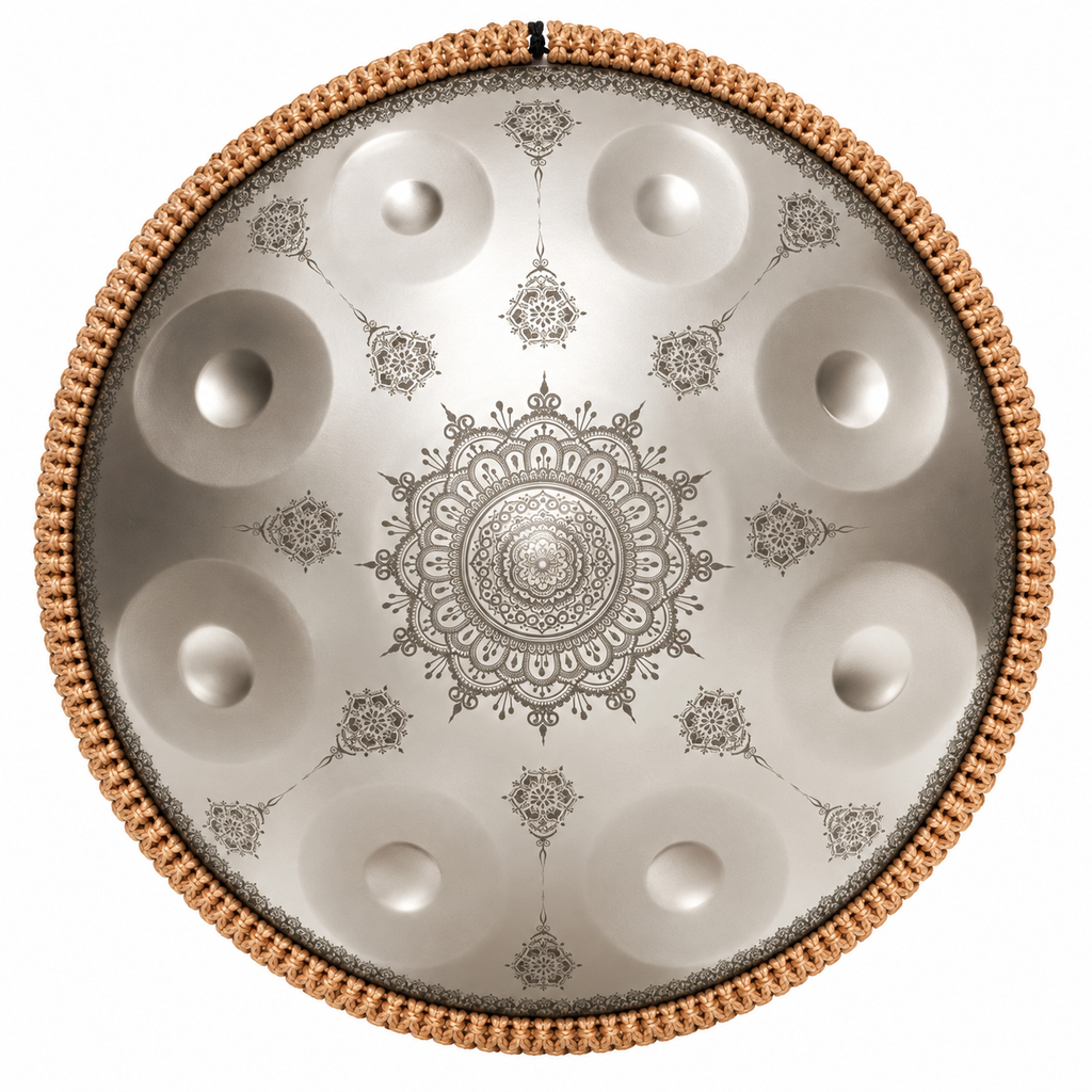 Éclipse — Handpan Mandala Ré mineur D Kurd, argenté 22 pouces