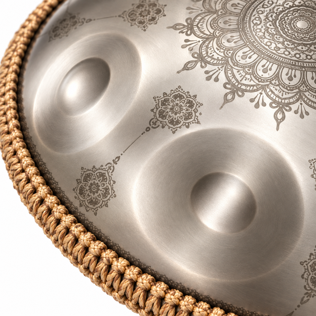 Éclipse — Handpan Mandala Ré mineur D Kurd, argenté 22 pouces