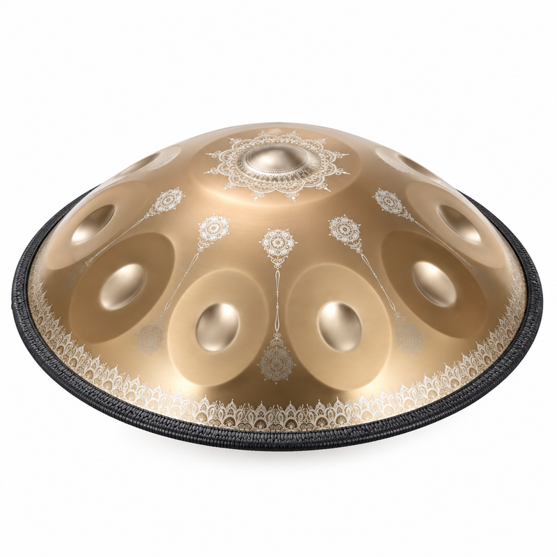 Vitrail — Handpan Mandala Ré mineur D Kurd, doré 22 pouces