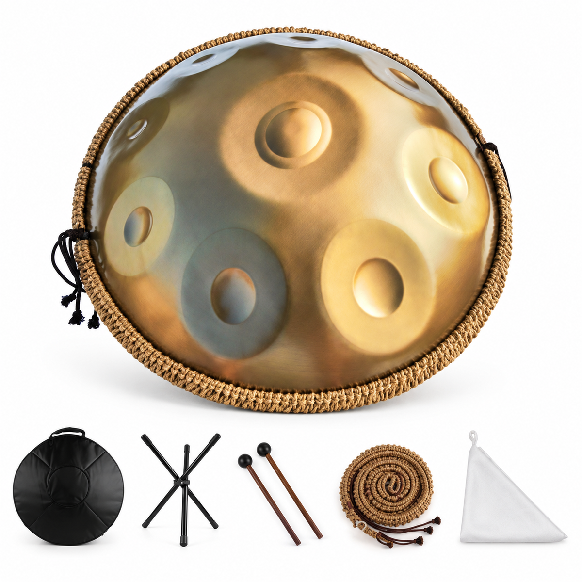 Cathédrale — Handpan Ré mineur D Kurd, 17 notes doré 22 pouces