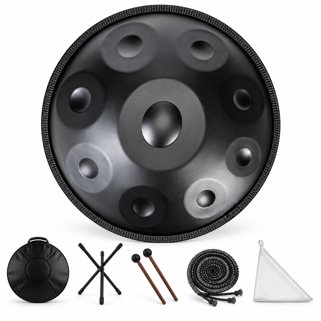 Obsidienne — Handpan Ré mineur D Kurd, noir mat 22 pouces