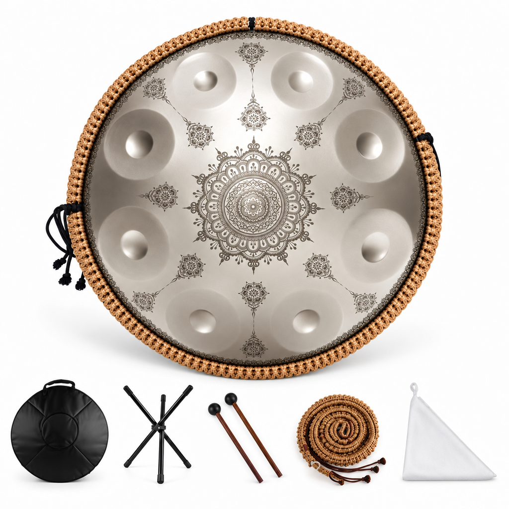Éclipse — Handpan Mandala Ré mineur D Kurd, argenté 22 pouces