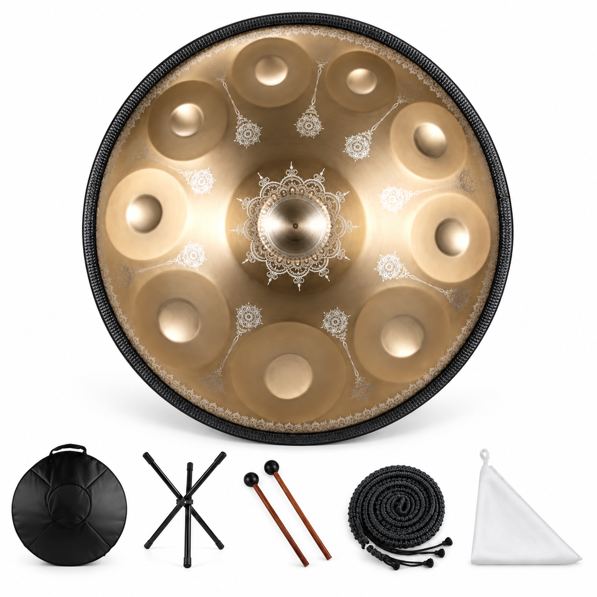 Vitrail — Handpan Mandala Ré mineur D Kurd, doré 22 pouces
