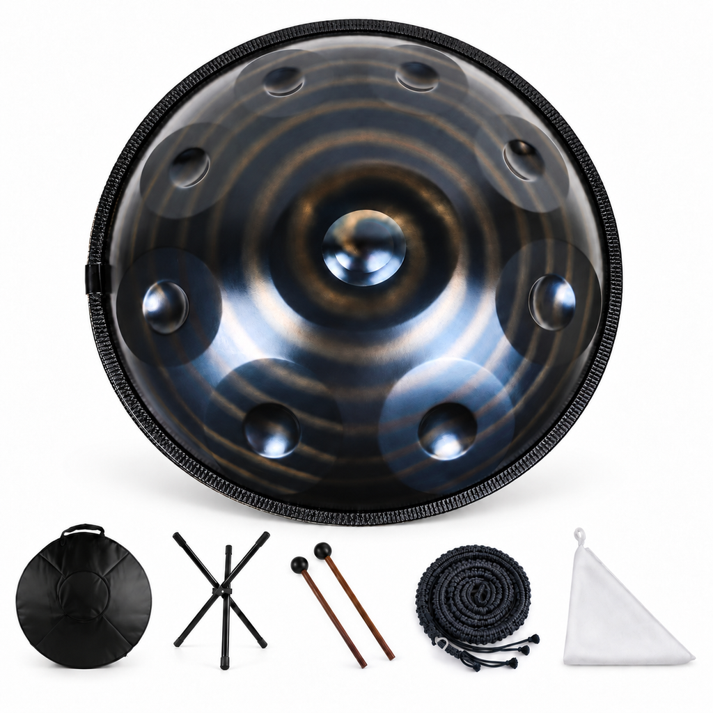 Vertige — Handpan Spiral Ré mineur D Kurd, vortex noir 22 pouces