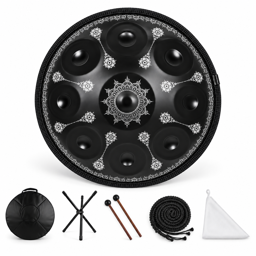 Rosace — Handpan Mandala Ré mineur D Kurd, noir et argent 22 pouces