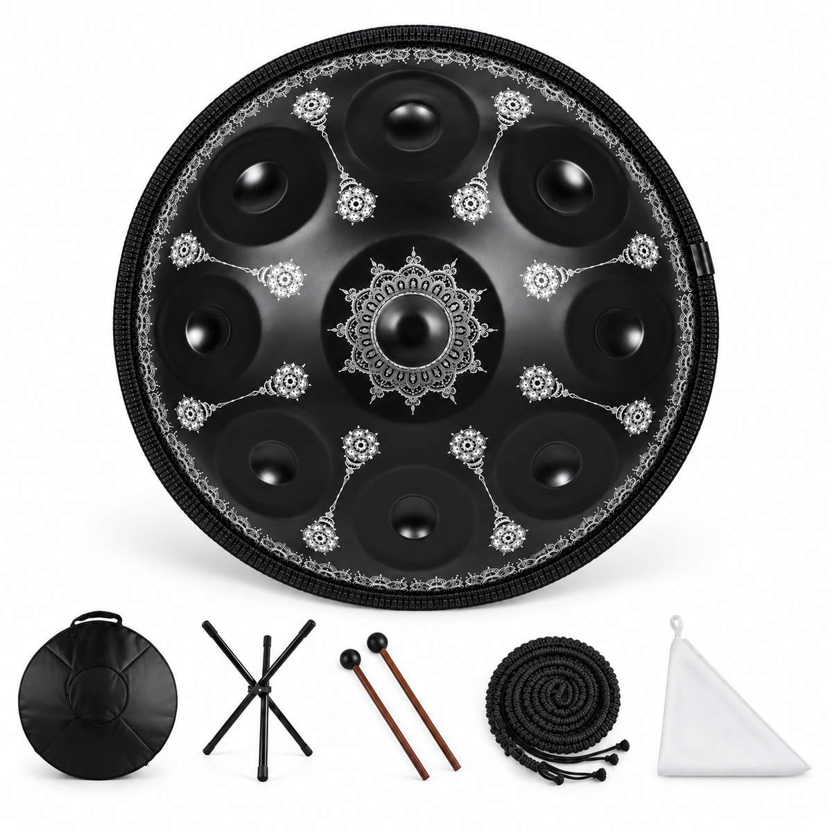 Rosace — Handpan Mandala Ré mineur D Kurd, noir et argent 22 pouces