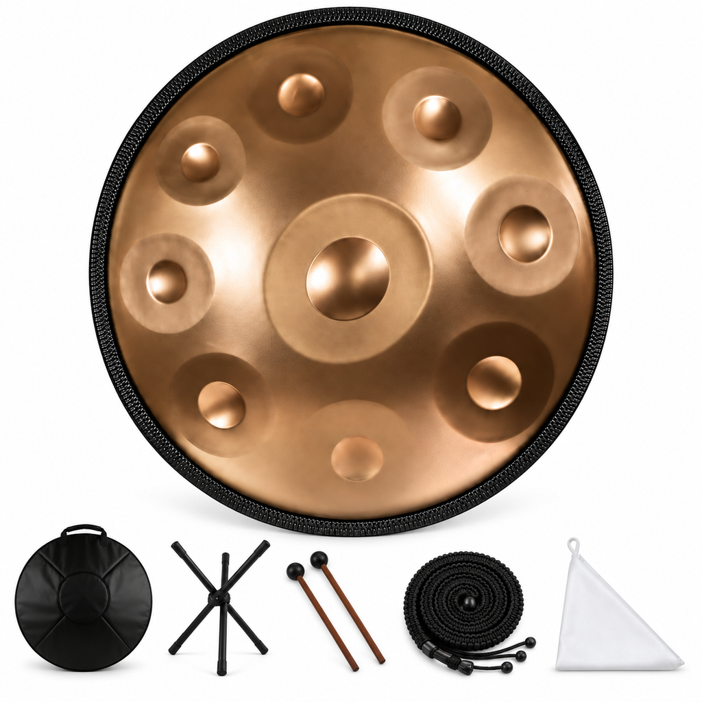 Hélios — Handpan Ré mineur D Kurd, doré 22 pouces