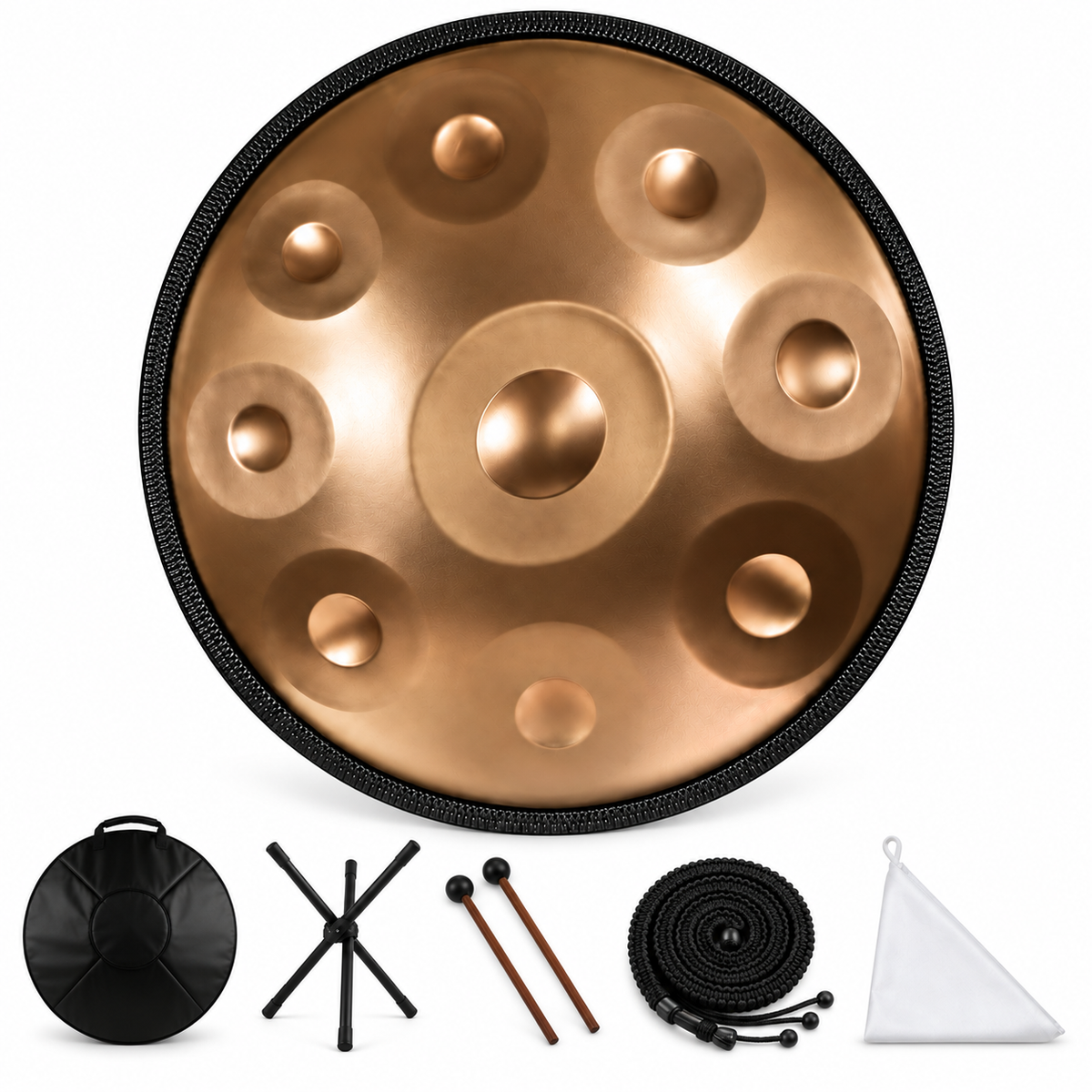 Hélios — Handpan Ré mineur D Kurd, doré 22 pouces