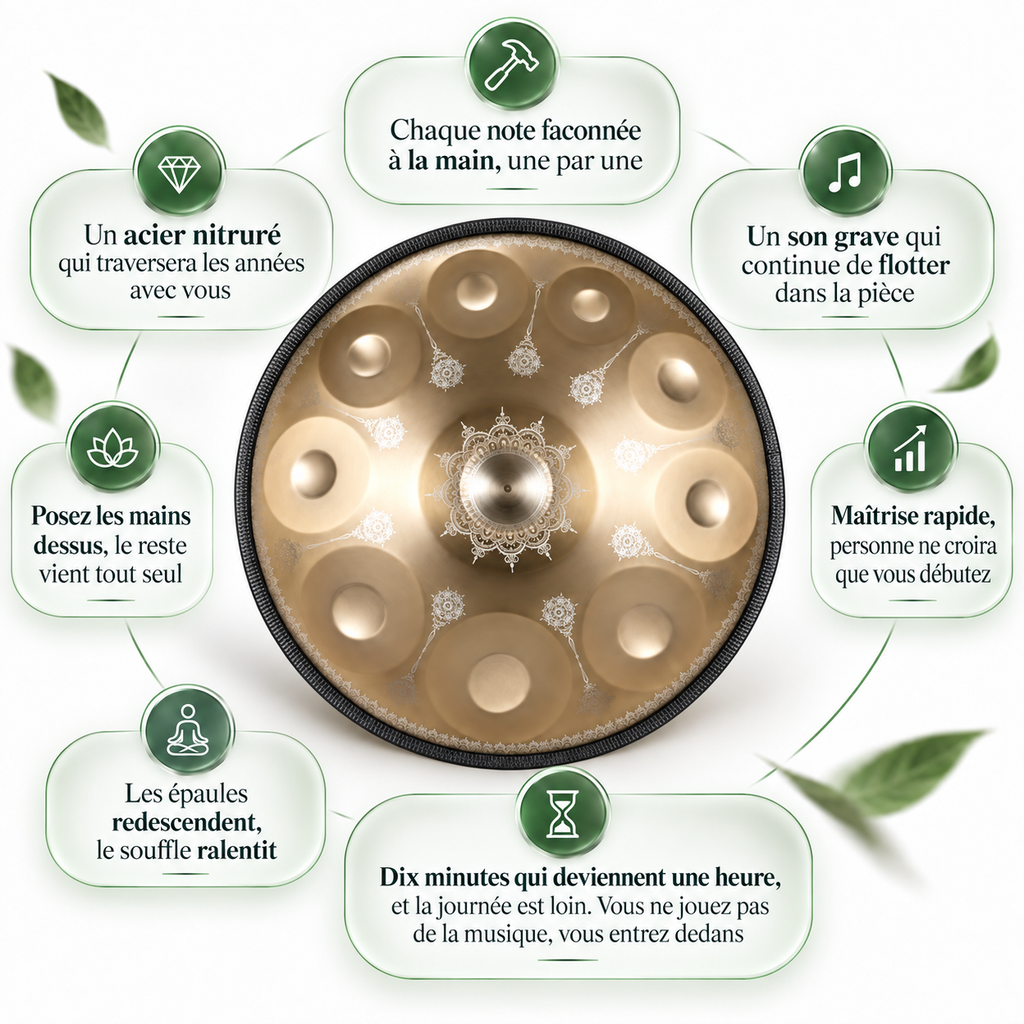 Vitrail — Handpan Mandala Ré mineur D Kurd, doré 22 pouces