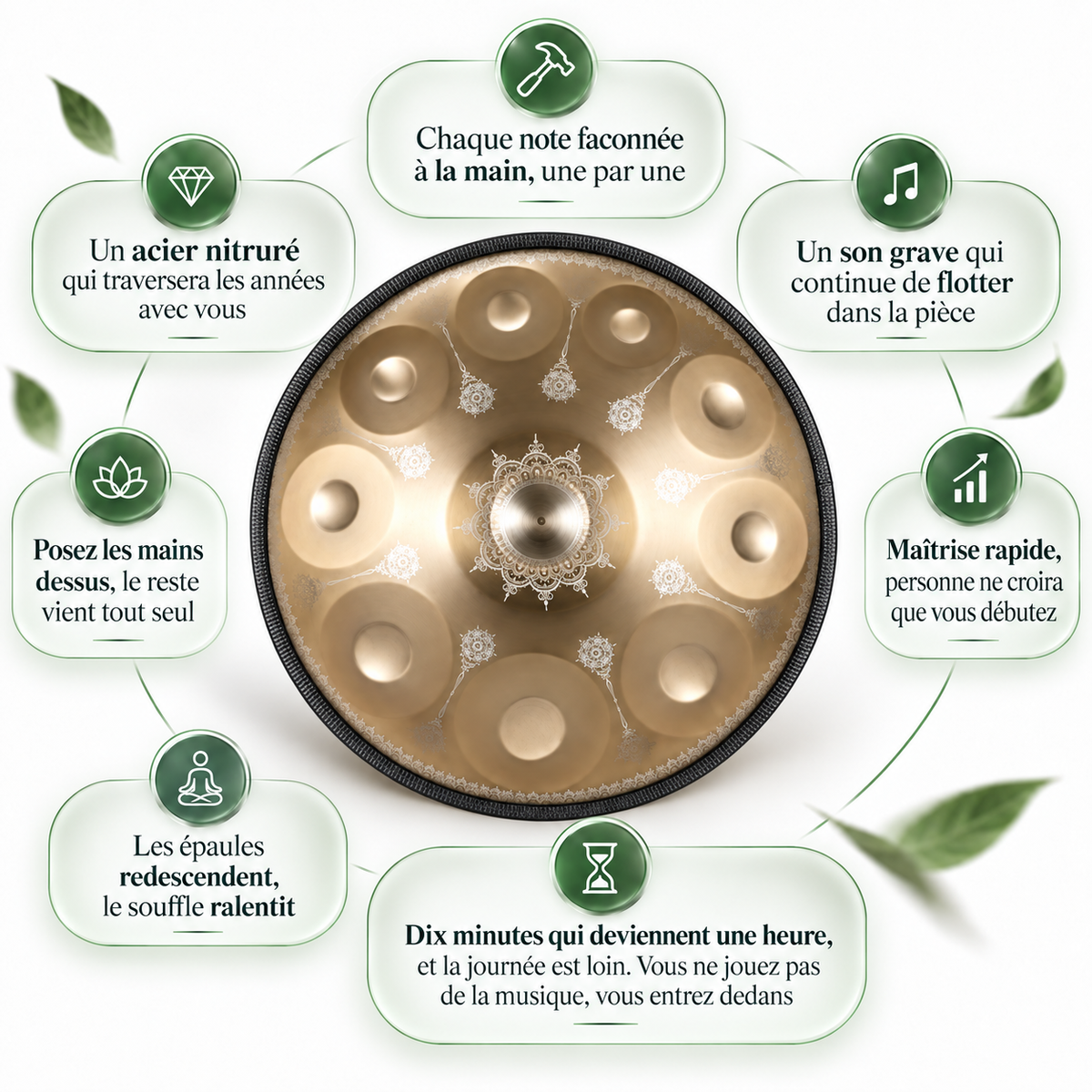 Vitrail — Handpan Mandala Ré mineur D Kurd, doré 22 pouces