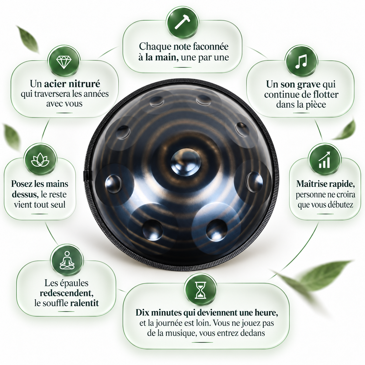 Vertige — Handpan Spiral Ré mineur D Kurd, vortex noir 22 pouces
