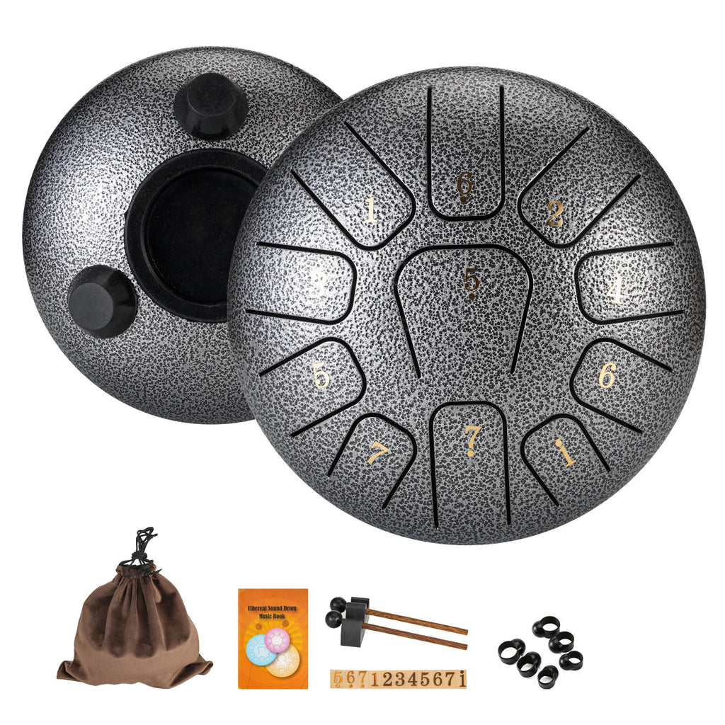 Coffret steel tongue drum 11 notes 6 pouces, coloris argent